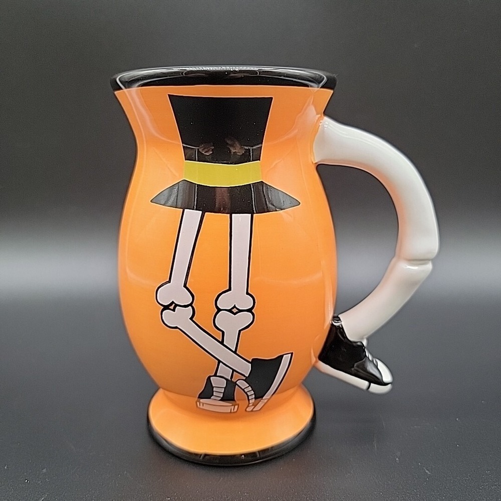 Orange Halloween Coffee Mug w/Leg Bone Handle & Black Hat Made By Clay Art 16oz